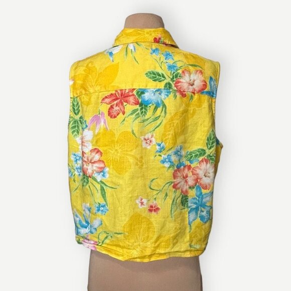 Vintage Lauren RL Linen Hawaiian Blouse L Yellow Floral Button Up Collared Tie - Picture 5 of 6